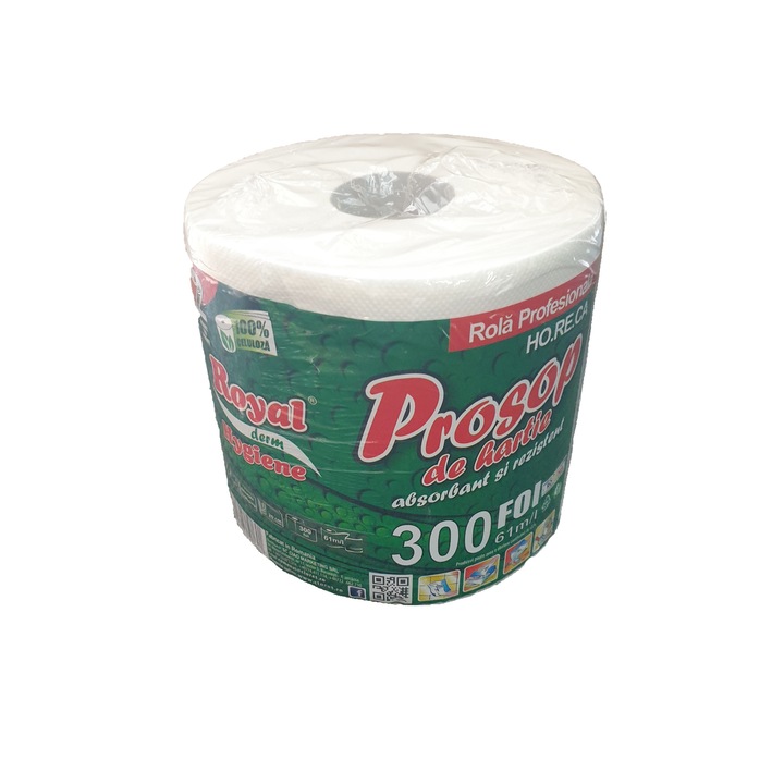 Rola prosoape de hartie profesionale absorbante, rezistente, 300 foi, 61m, 2 straturi, 100% celuloza, Royal