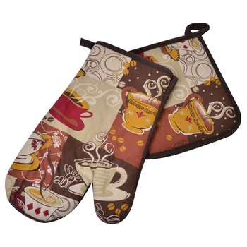 Set Manusa Bucatarie si Suport Oala, OffLimits, Model cu Cafea, 18x28 cm, Bumbac, Multicolor Set Manusa Bucatarie si Suport Oala, OffLimits, Model cu Cafea, 18x28 cm, Bumbac, Multicolor