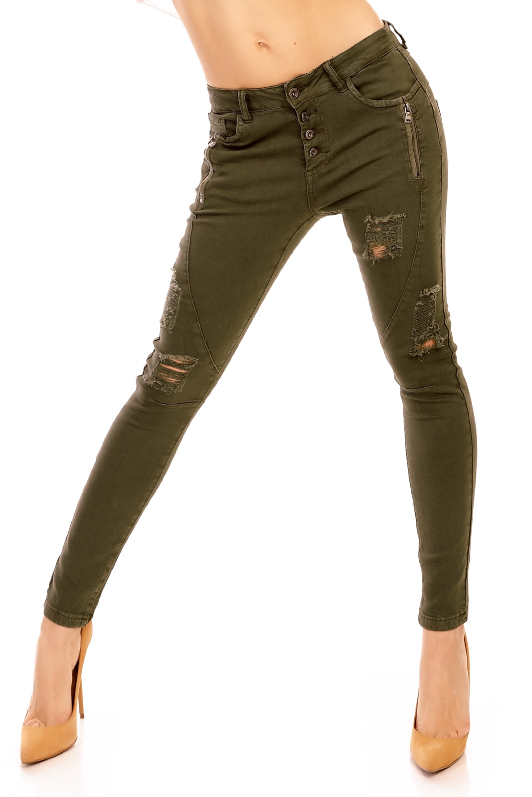 Blugi skinny cu taieturi decorative, Kaki