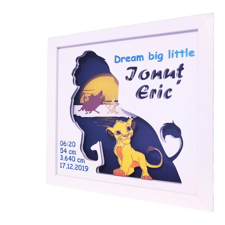 Tablou 3D, luminos, personalizabil pentru baieti, Regele Leu, Noor Handmade Atelier, 25 x 25cm