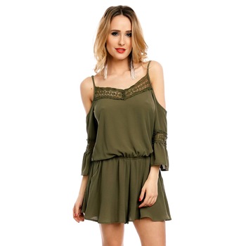 Salopeta eleganta cu umerii goi si insertii din dantela, Kaki, S-M Salopeta eleganta cu umerii goi si insertii din dantela, Kaki, S-M