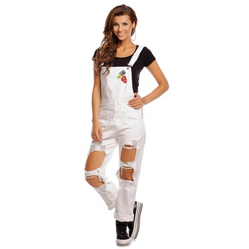 Salopeta alba casual, model drept cu rupturi pe picioare, Alb Salopeta alba casual, model drept cu rupturi pe picioare, Alb