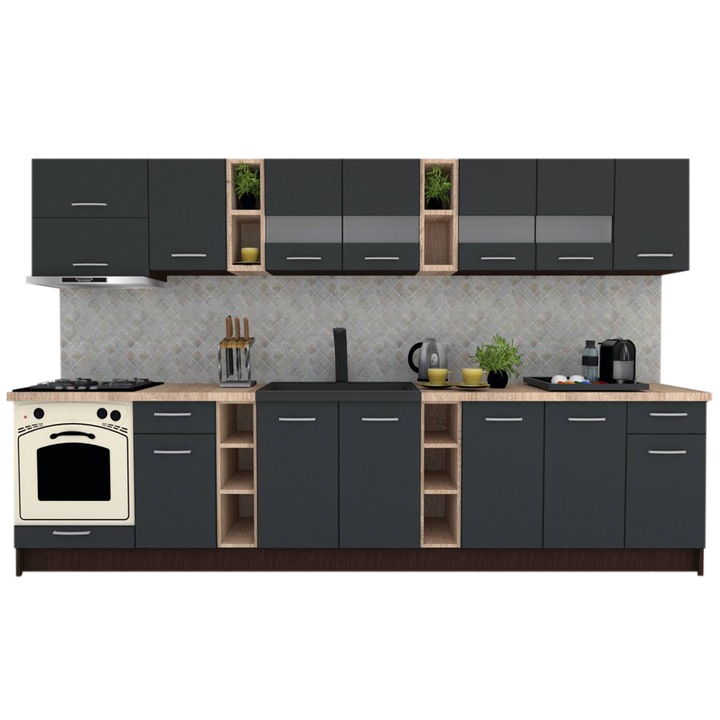 Set Bucatarie Marina New 340 5C, Wenge / Decor 0164, 340 x 200-230 x 60 cm