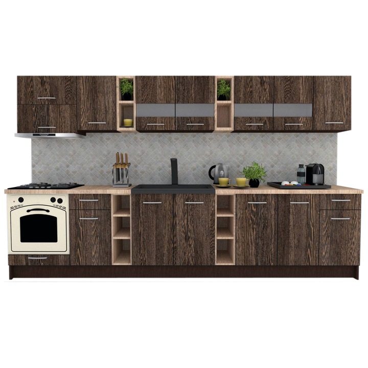 Set Bucatarie Marina New 340 5C, Wenge / Decor 7648, 340 x 200-230 x 60 cm