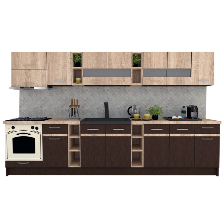 Set Bucatarie Marina New 340 5C, Wenge / Stejar Sonoma, 340 x 200-230 x 60 cm