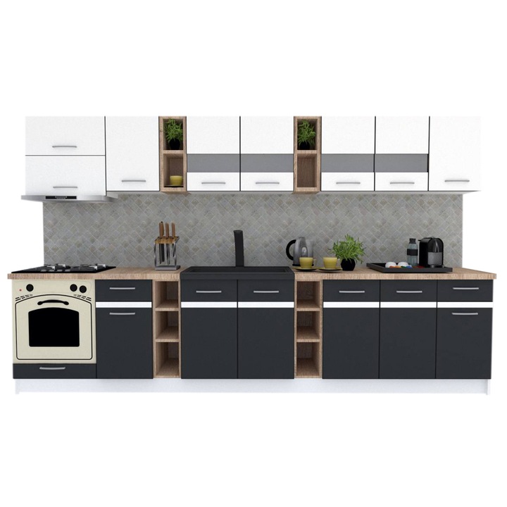 Set Bucatarie Marina New 340 5C, Alb/ Gri, 340 x 200-230 x 60 cm