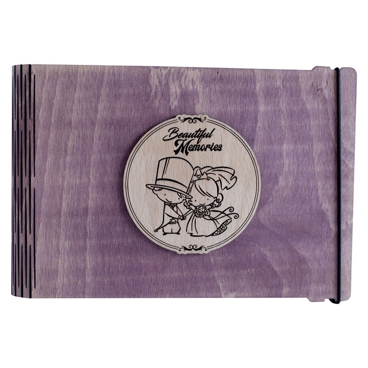 Album foto A5 din lemn, VintageBox, "Tineri insuratei - Beautiful Memories", mov