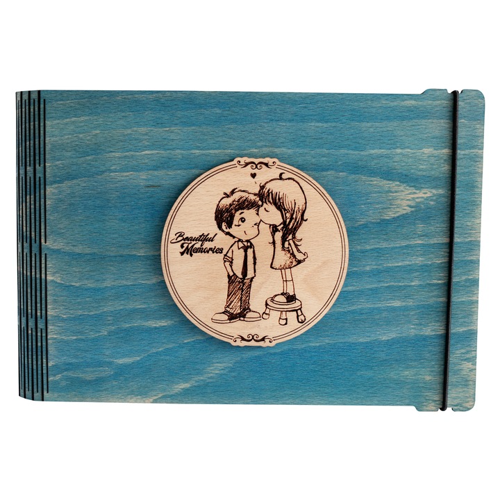 Album foto A5 din lemn, VintageBox, "Totul pentru un sarut - Beautiful Memories", albastru