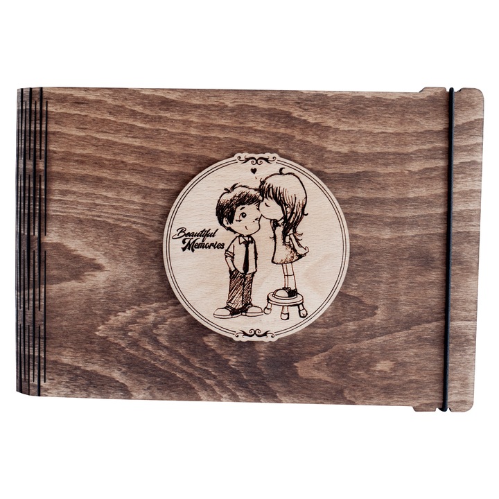 Album foto A5 din lemn, VintageBox, "Totul pentru un sarut - Beautiful Memories", nuc inchis