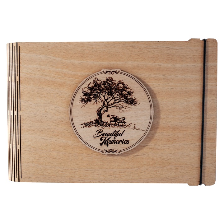 Album foto A5 din lemn, VintageBox, "Bancuta de sub copac - Beautiful Memories", stejar auriu