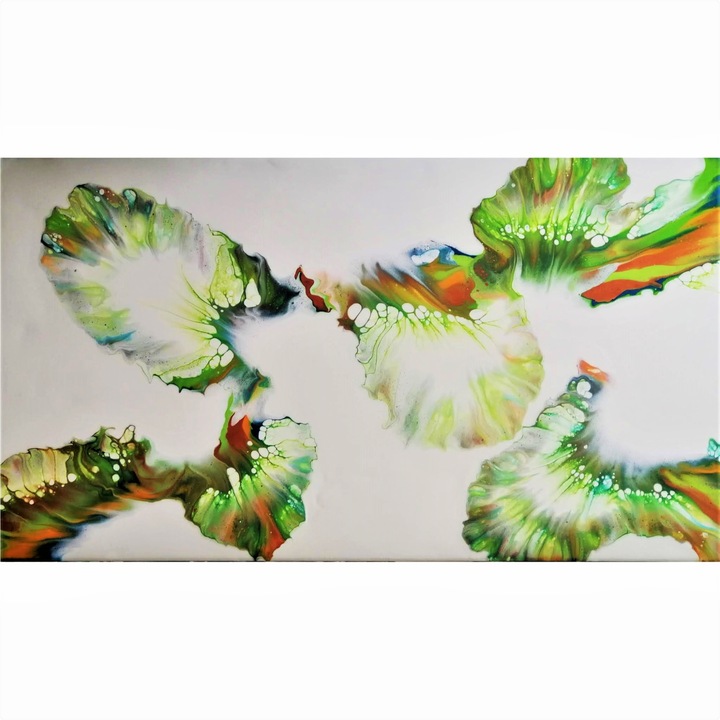 Tablou pictat manual, Green Inspiration, Canvas pe sasiu de lemn, 90 x 50 cm, Multicolor, Abstract