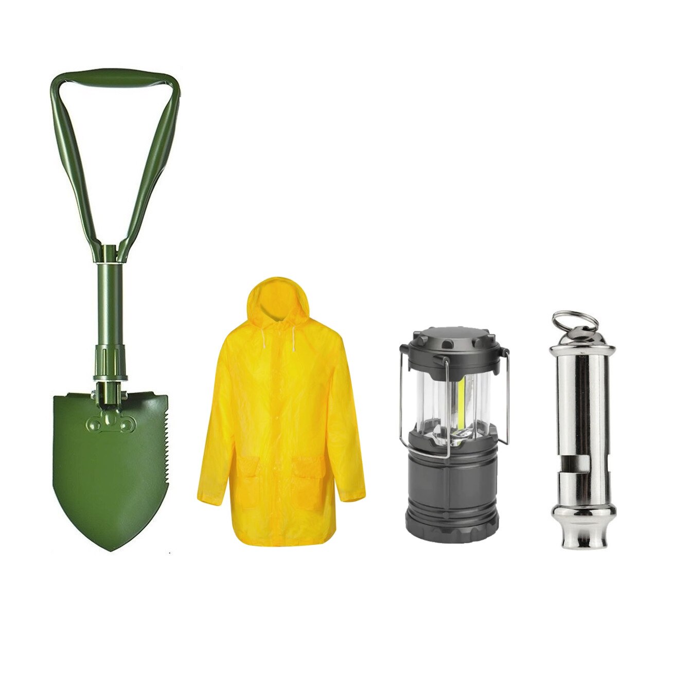 Kit camping format din Lopata Militara, Lampa LED, Fluier metalic si Pelerina impermeabila marime universala