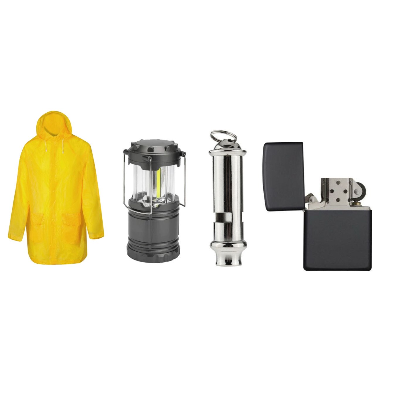 Kit camping format din Pelerina impermeabila marime universala, Felinar LED 9W, Fluier metalic si Bricheta