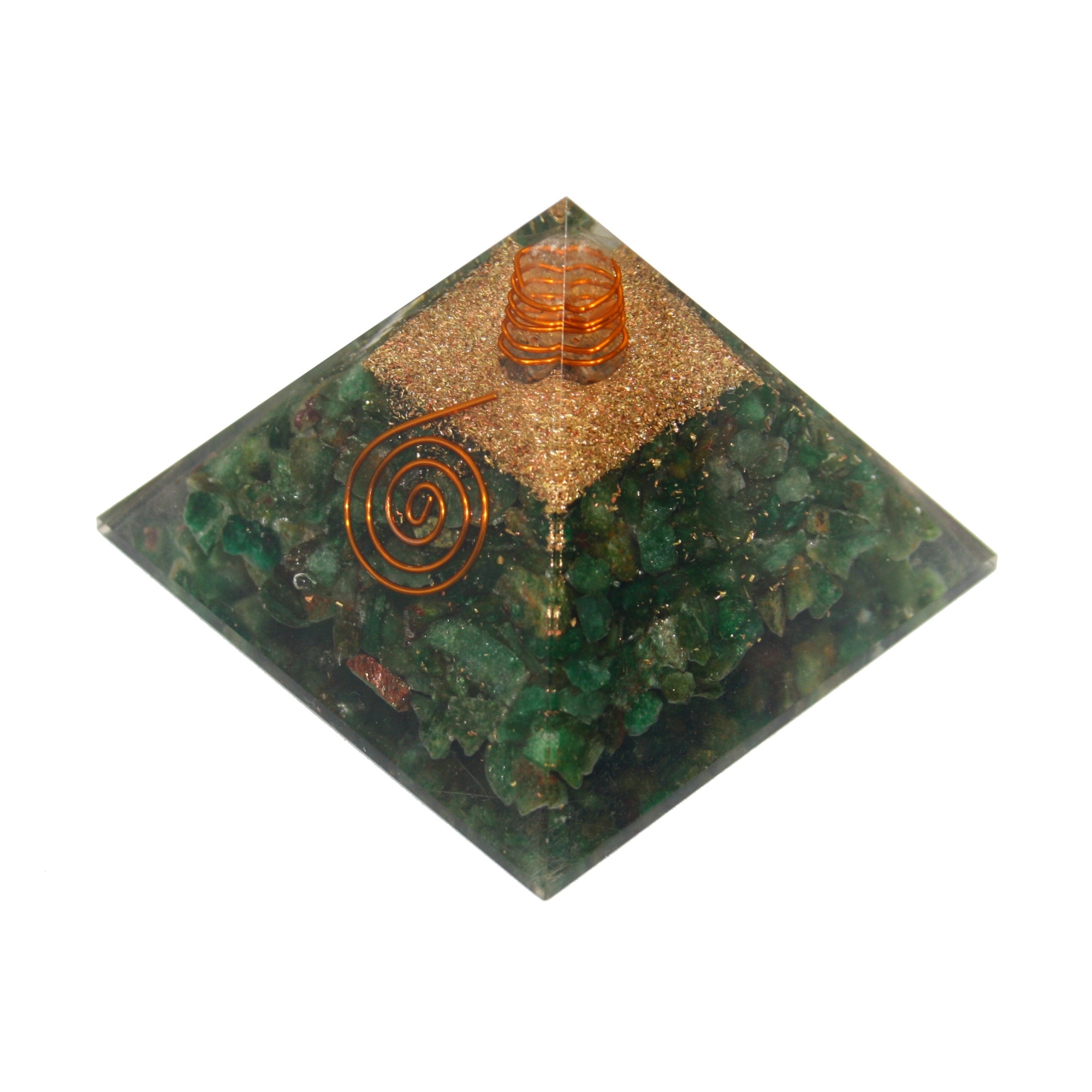 Piramida Orgonica, SERENITY ORGONE, protectie wi-fi, radiatii electromagnetice, EMF, cristale fuxita, verde, spirala Reiki, 8 cm