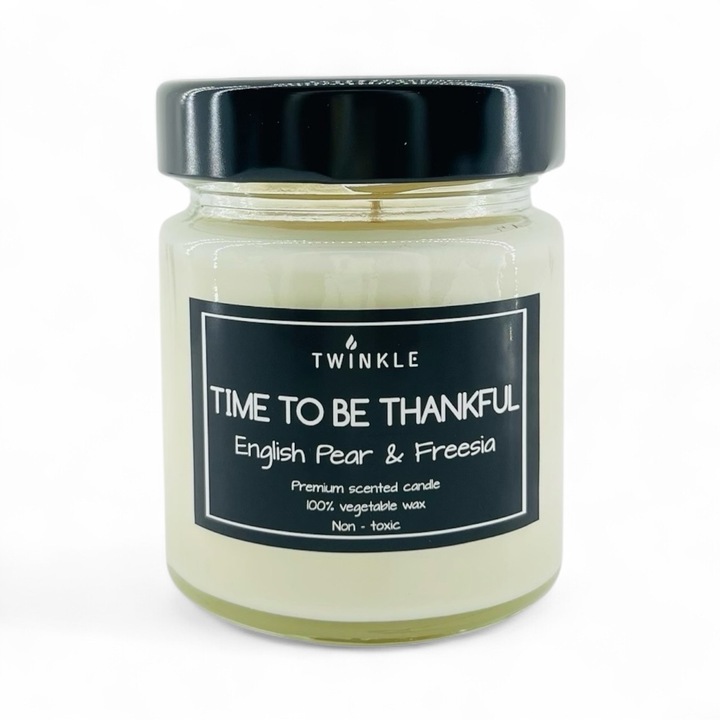 Lumanare parfumata TWINKLE cu aroma de Para si Frezie, ceara soia non-toxica, fitil bumbac, 150 g net