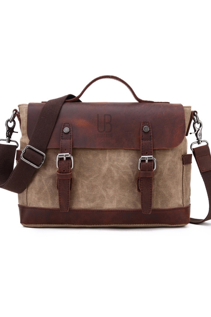 Geanta de umar barbateasca din piele naturala si material textil cerat URBAN BAG Goteborg Khaki