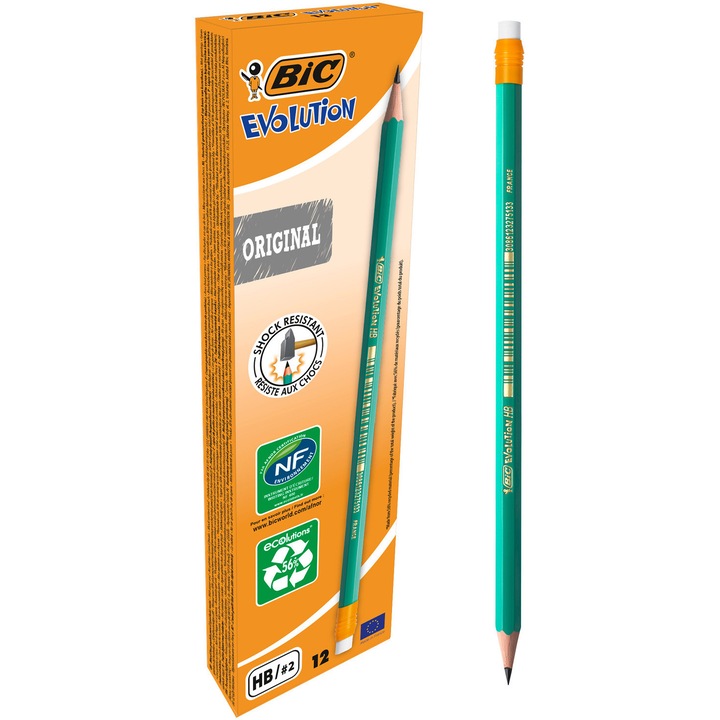 Creion grafit cu radiera BIC ECO Evolution 655, 12 bucati