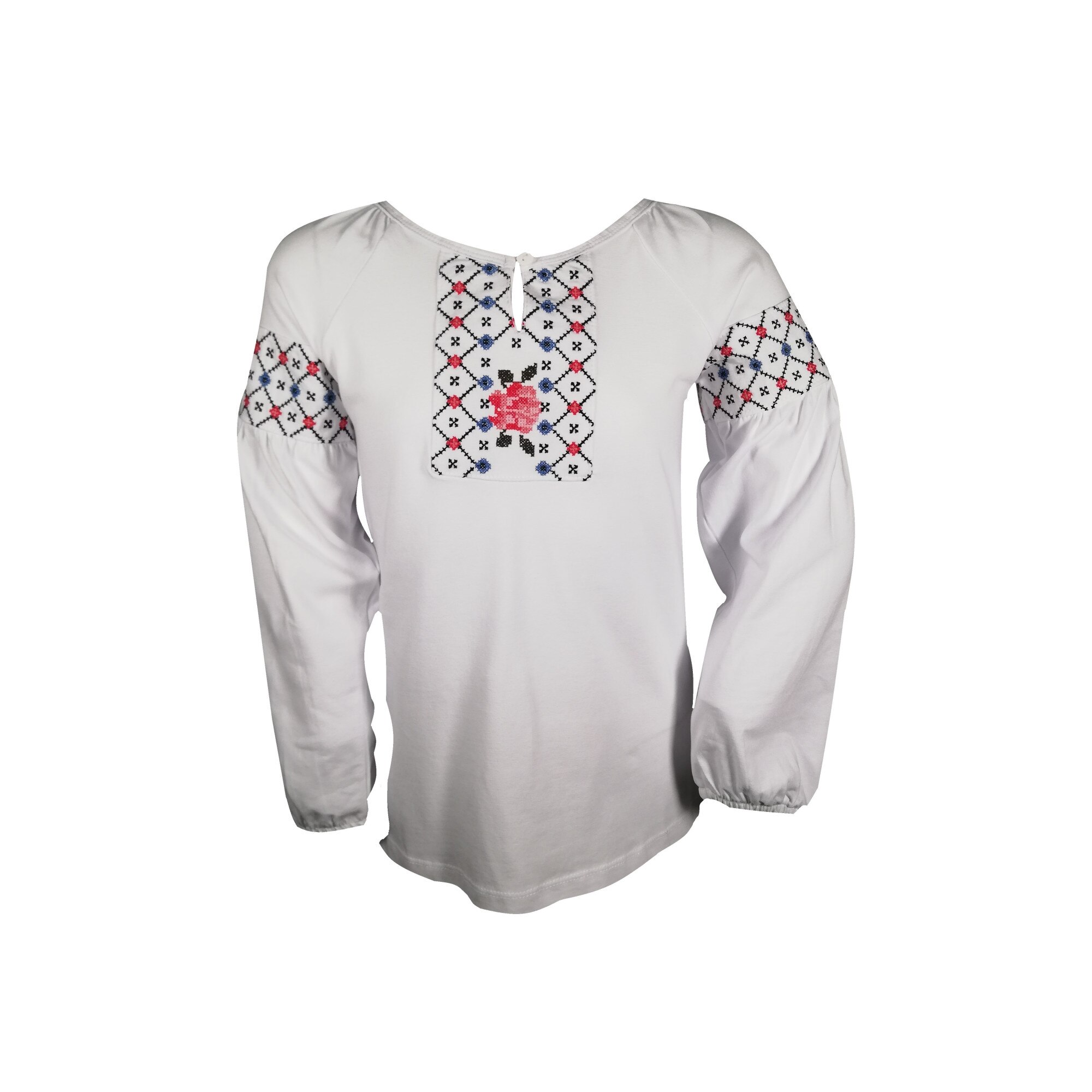 Bluza fete , cu motive traditionale , alba , din bumbac, 152 cm, 12 ani