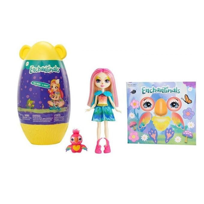 Set de joaca Peeky Parrot si Sheeny in ou surpriza EnchanTimals, galben, 28 cm, 3 ani+