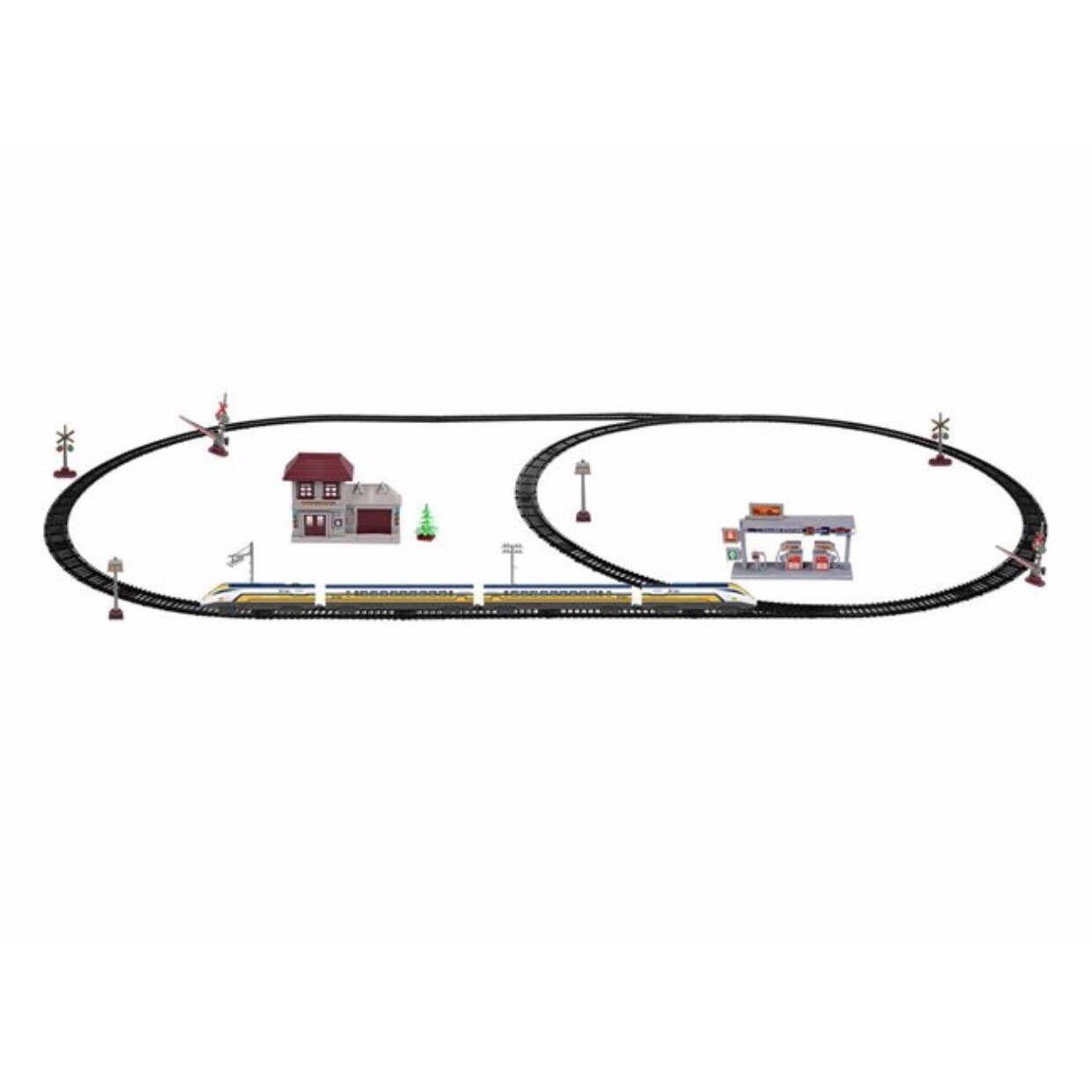 Set tren modern multifunctional, contine o statie, bare si semnalizare, copaci si o benzinarie + sine de cale ferata, pentru copii , + 3 ani , ATS
