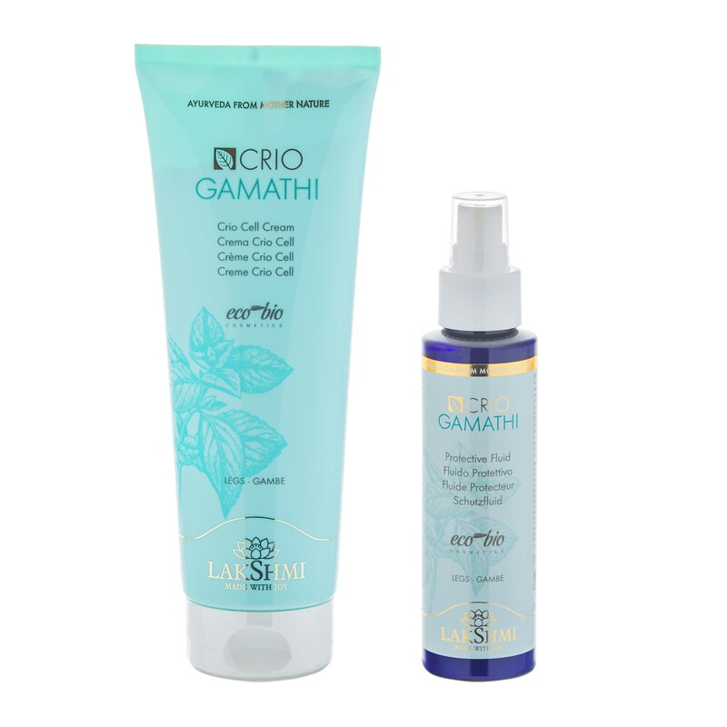 Set 2 produse bio-organice pentru ingrijirea picioarelor umflate, cu senzatie de greutate si care retin apa 350ml, Lakshmi, crema crio pentru drenajul gambelor 250ml si fluid protector 100ml