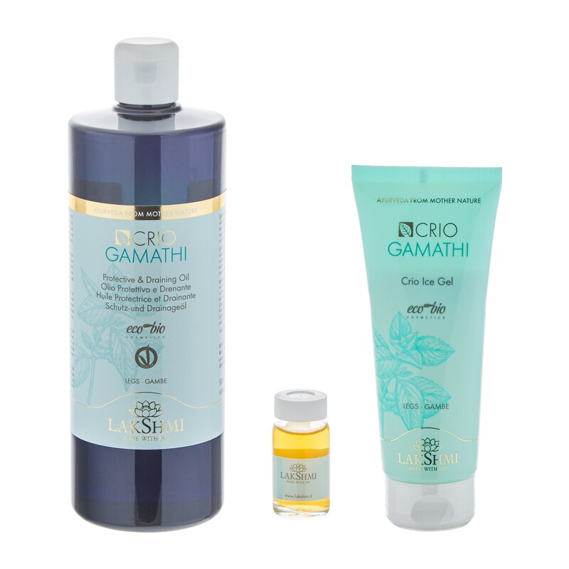 Set 3 produse bio-organice pentru ingrijirea picioarelor umflate, cu senzatie de greutate si care retin apa 660ml, Lakshmi, ice gel 100 ml, fiole protectoare 6 x 10ml si ulei crio drenaj limfatic 500ml