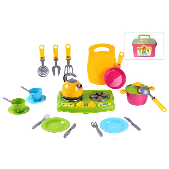 Кухня в куфар Technok Toys, С котлони и прибори , 23 елемента , Многоцветна