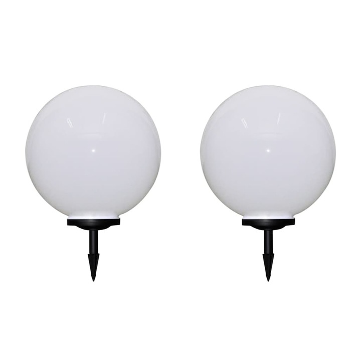Set de 2 lampi pentru alee, glob cu LED, vidaXL, Polimetil metacrilat, 50 cm, E27, IP44, Alb