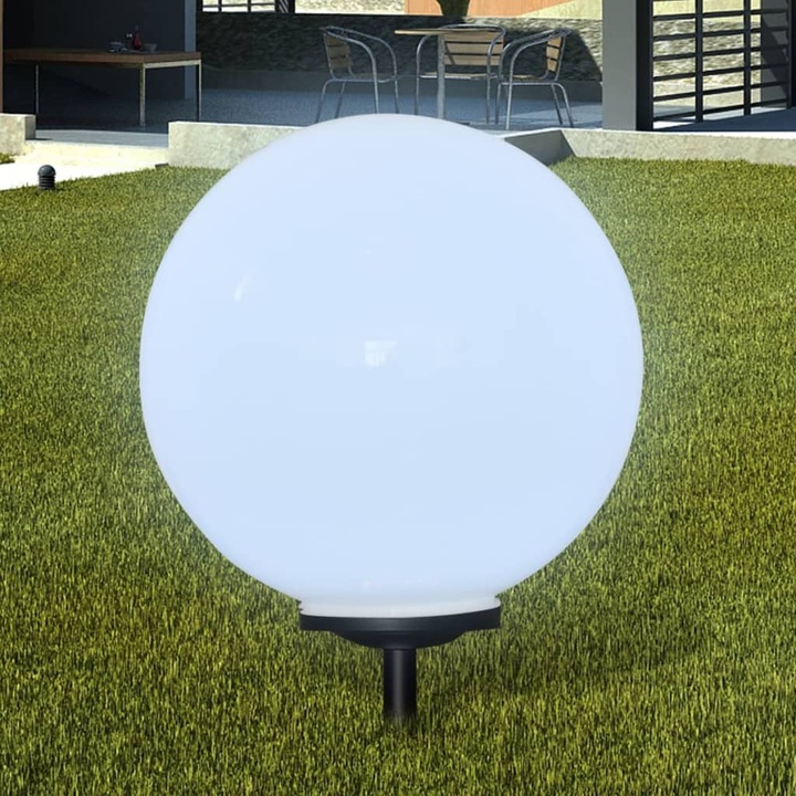 Set de 2 lampi pentru alee, glob cu LED, vidaXL, Polimetil metacrilat, 50 cm, E27, IP44, Alb