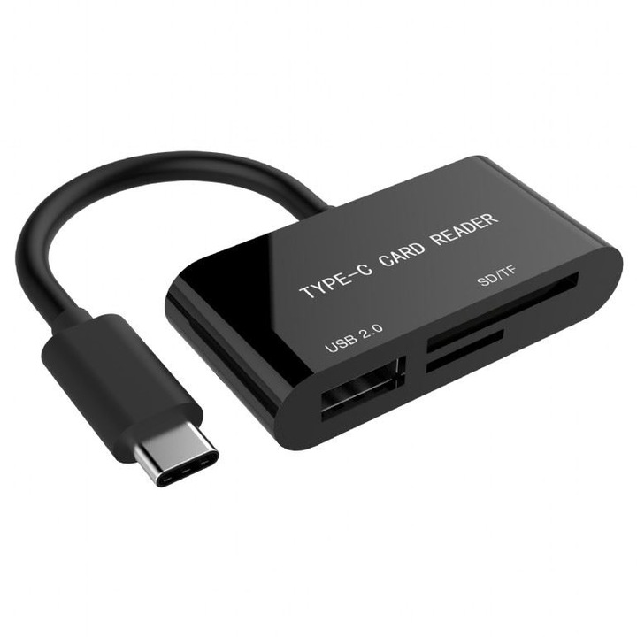 Четец на карти Gembird 10079, USB 3.1 тип C мъжки интерфейс, чете и записва microSD, SDHC, SDXC, женски USB 2.0 изход, черен