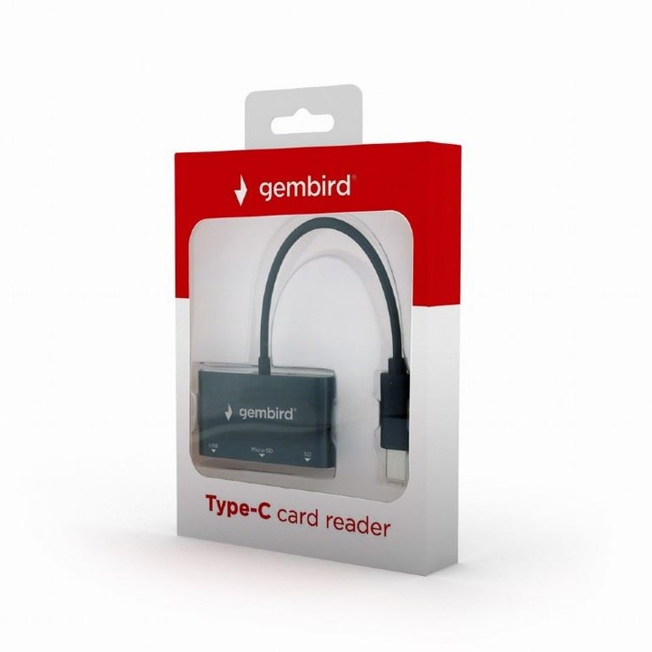 Четец на карти Gembird 10079, USB 3.1 тип C мъжки интерфейс, чете и записва microSD, SDHC, SDXC, женски USB 2.0 изход, черен