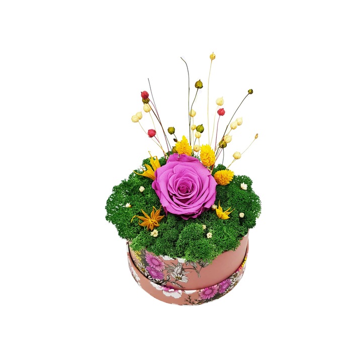 Aranjament cu licheni si trandafir criogenat, 14 cm, Crioflora, Roz