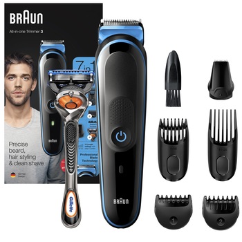 Aparat pentru tuns si ingrijirea barbii Braun MGK3245 Wet&Dry, 7-in-1 pentru fata si corp, 4 piepteni, 1 accesoriu extra, Aparat de ras Gillette, Negru/Albastru Aparat pentru tuns si ingrijirea barbii Braun MGK3245 Wet&Dry, 7-in-1 pentru fata si corp, 4 piepteni, 1 accesoriu extra, Aparat de ras Gillette, Negru/Albastru