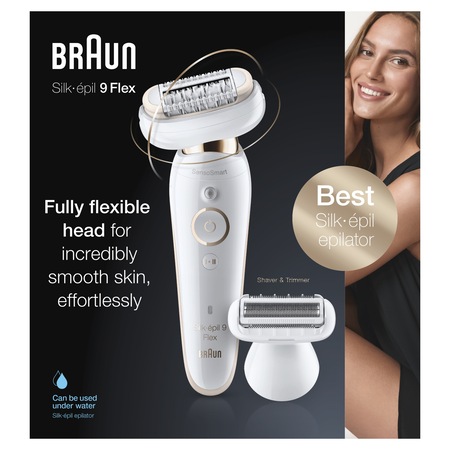 Epilator Braun Silk-épil 9 9/9002 Sistem Flex, SensoSmart™, Micro-Grip, Wet & Dry, 40 pensete, 2 viteze, cap de ras, Geanta pentru voiaj, Alb/Auriu