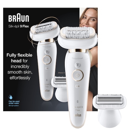 Epilator Braun Silk-épil 9 9/9002 Sistem Flex, SensoSmart™, Micro-Grip, Wet & Dry, 40 pensete, 2 viteze, cap de ras, Geanta pentru voiaj, Alb/Auriu