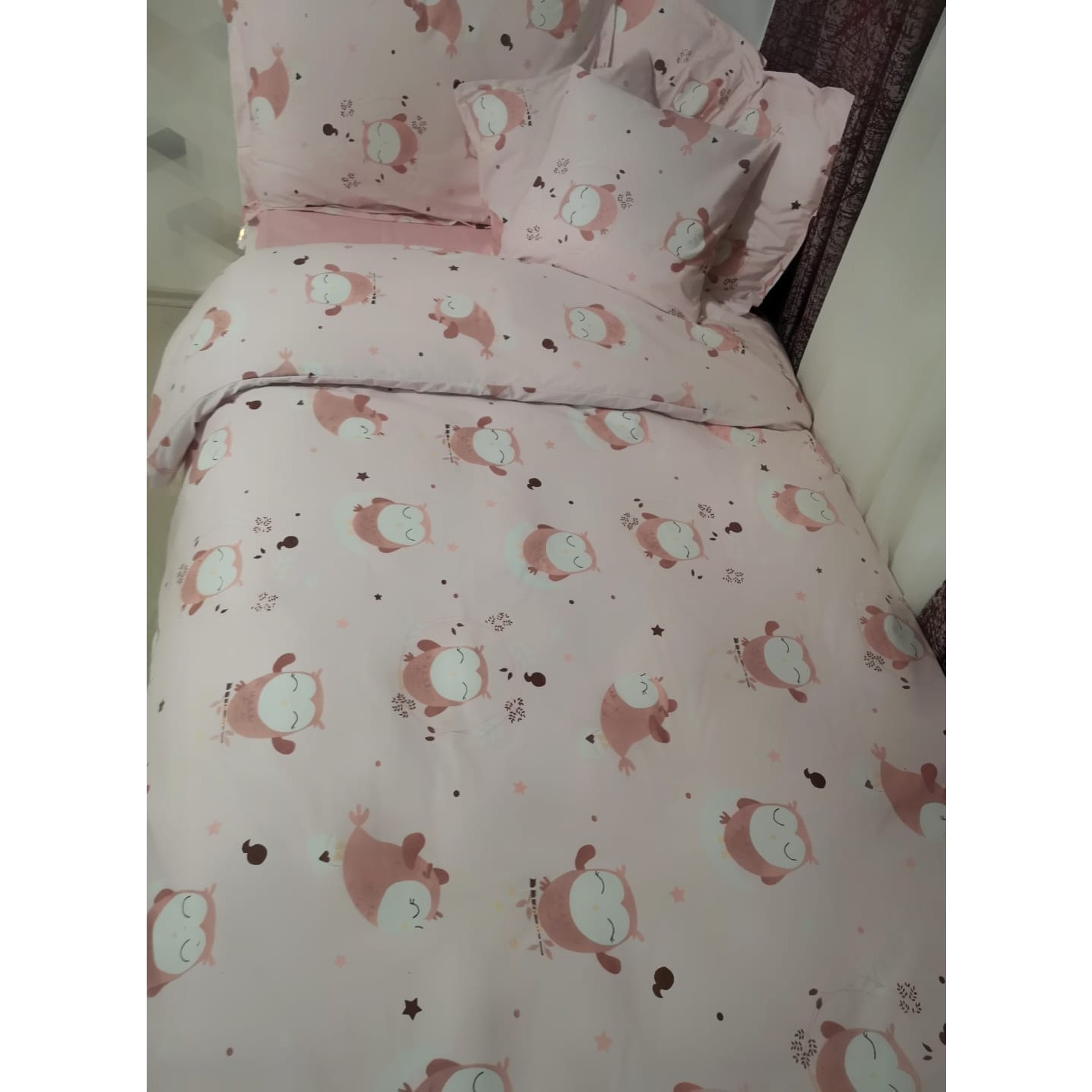 Lenjerie de Pat, Bumbac Ranforce Lux, Model Bufnite Mici Roz , 2 persoane, 50X70, 200X200, 4 piese