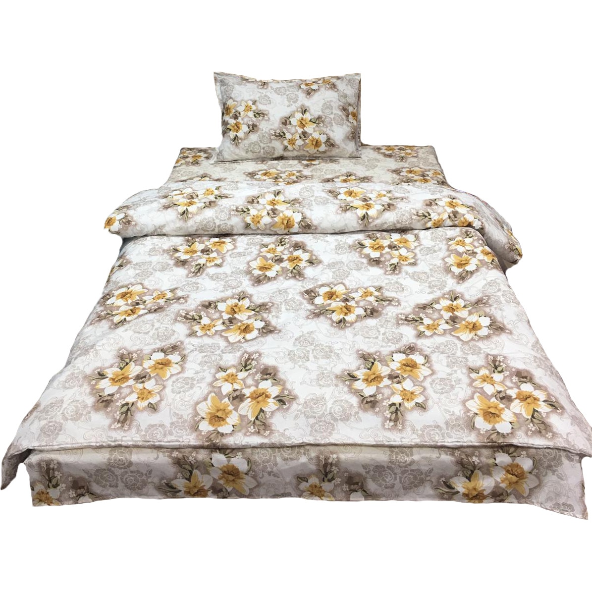 Lenjerie pat single, bej/alba, pentru saltea de 90cm, 