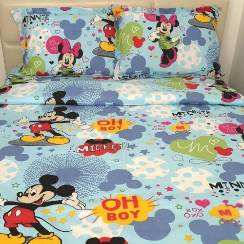 Lenjerie de Pat, Bumbac Ranforce Lux, Model Minnie si Mickey Bleu, 2 persoane, 70X70, 220X200, 4 piese