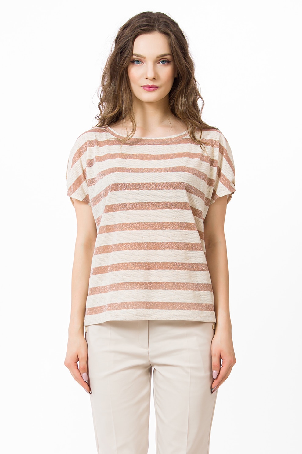 Sense, Bluza din amestec de in cu maneci scurte si dungi, Oranj persan/Maro nisip, M