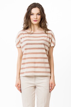 Sense, Bluza din amestec de in cu maneci scurte si dungi, Oranj persan/Maro nisip, M Sense, Bluza din amestec de in cu maneci scurte si dungi, Oranj persan/Maro nisip, M