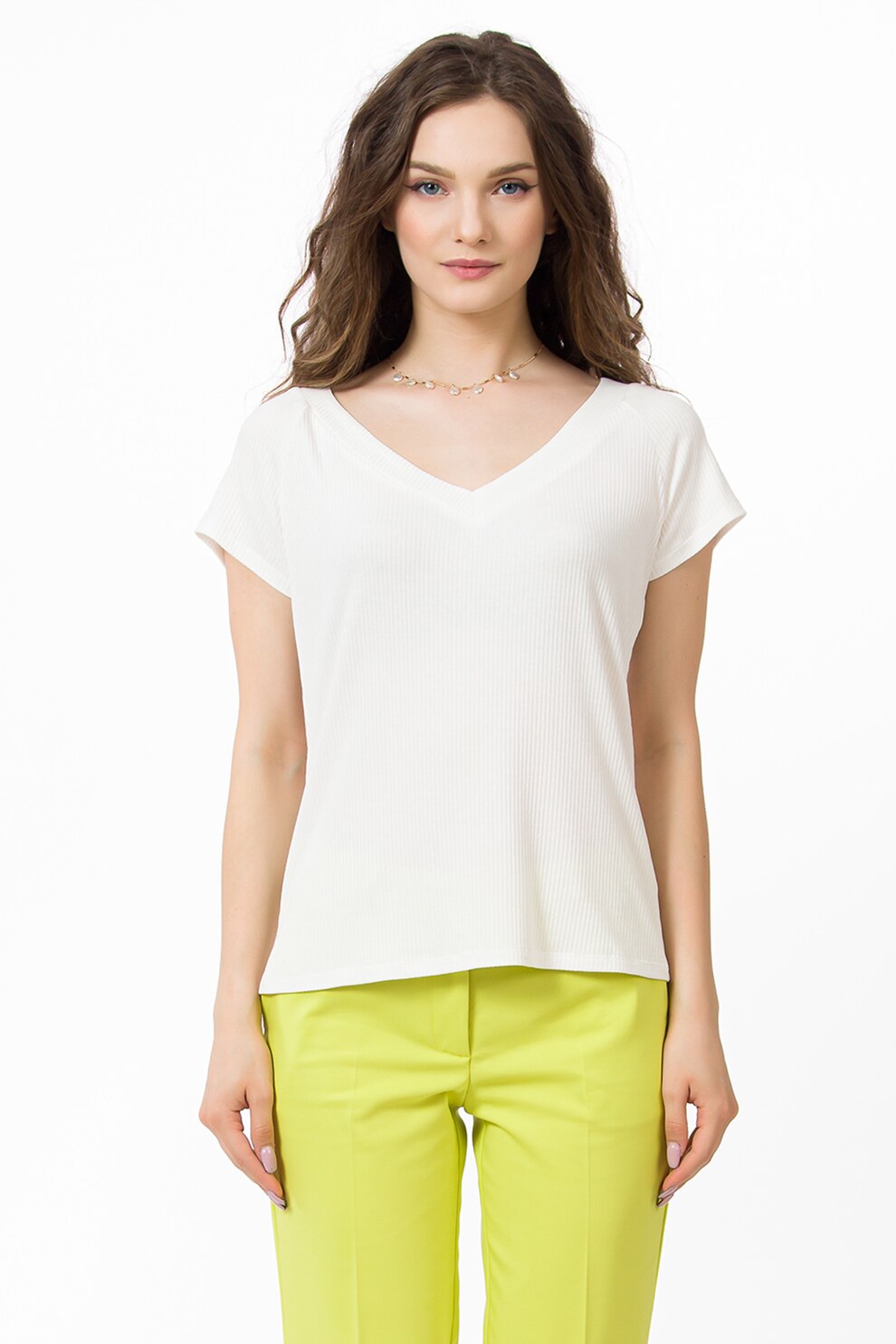 Sense, Bluza cu maneci scurte, decolteu in V si striatii, Alb, 2XL