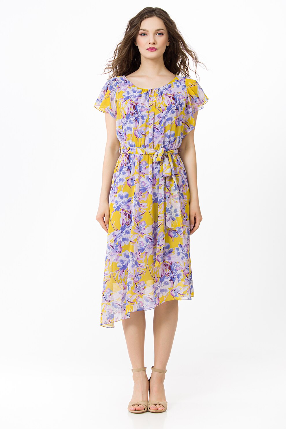 Sense, Rochie midi asimetrica cu imprimeu floral, Violet/Galben