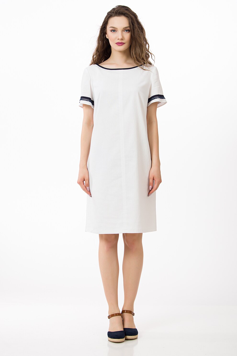 Sense, Rochie tip tricou din amestec de in, cu decolteu contrastant, Alb/Albastru