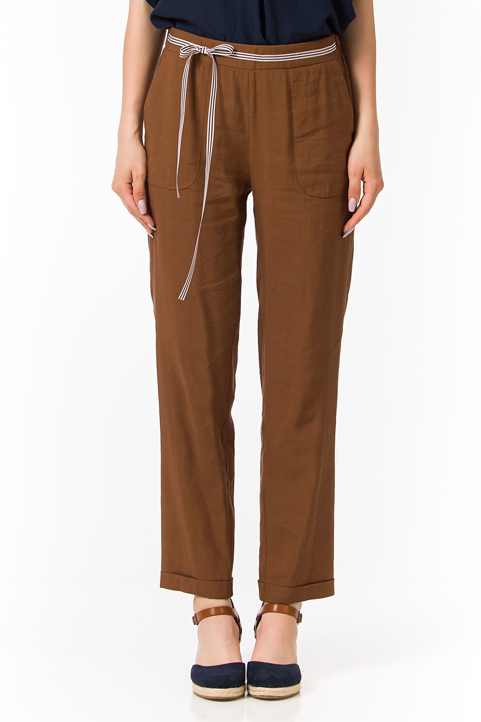 Sense, Pantaloni conici din amestec de in cu buzunare laterale, Maro