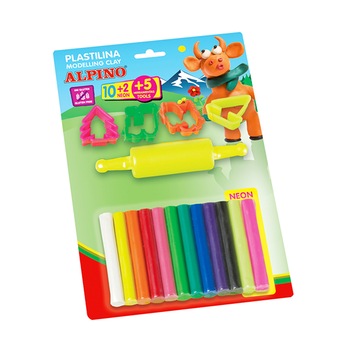 Plastilina Alpino, 10 culori clasice, 2 culori neon, Multicolor Plastilina Alpino, 10 culori clasice, 2 culori neon, Multicolor