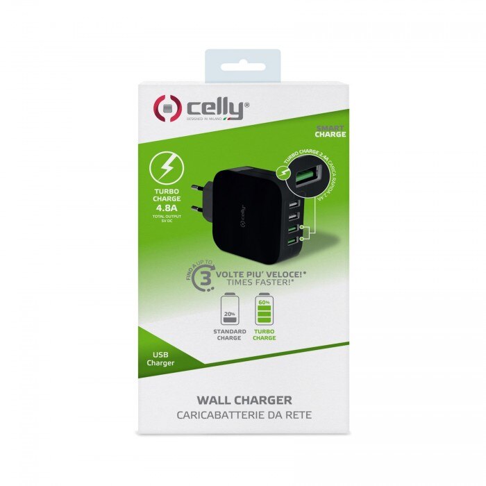 Adaptor Retea Celly, Smart Charge, 4 x USB, Negru