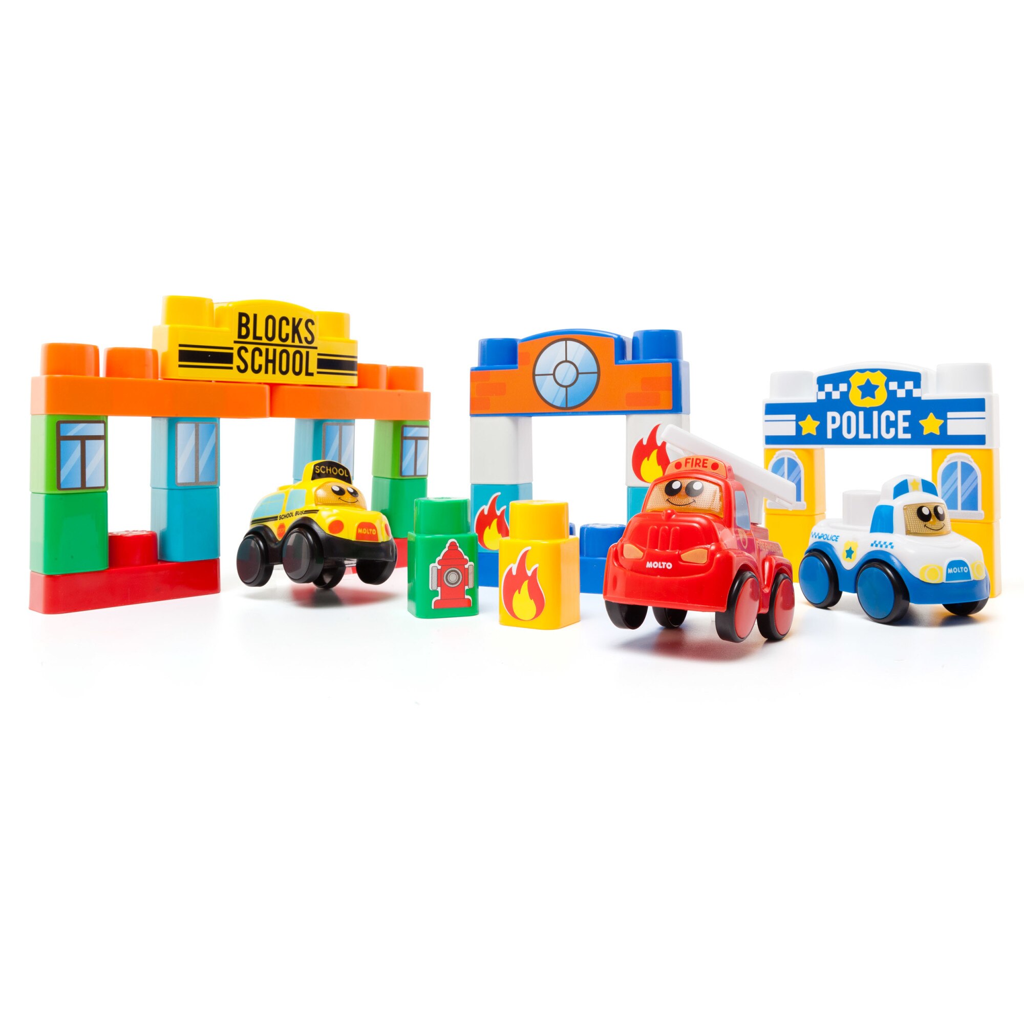 Set 30 piese de construit Molto cu 3 masini cu sunete si lumini incluse