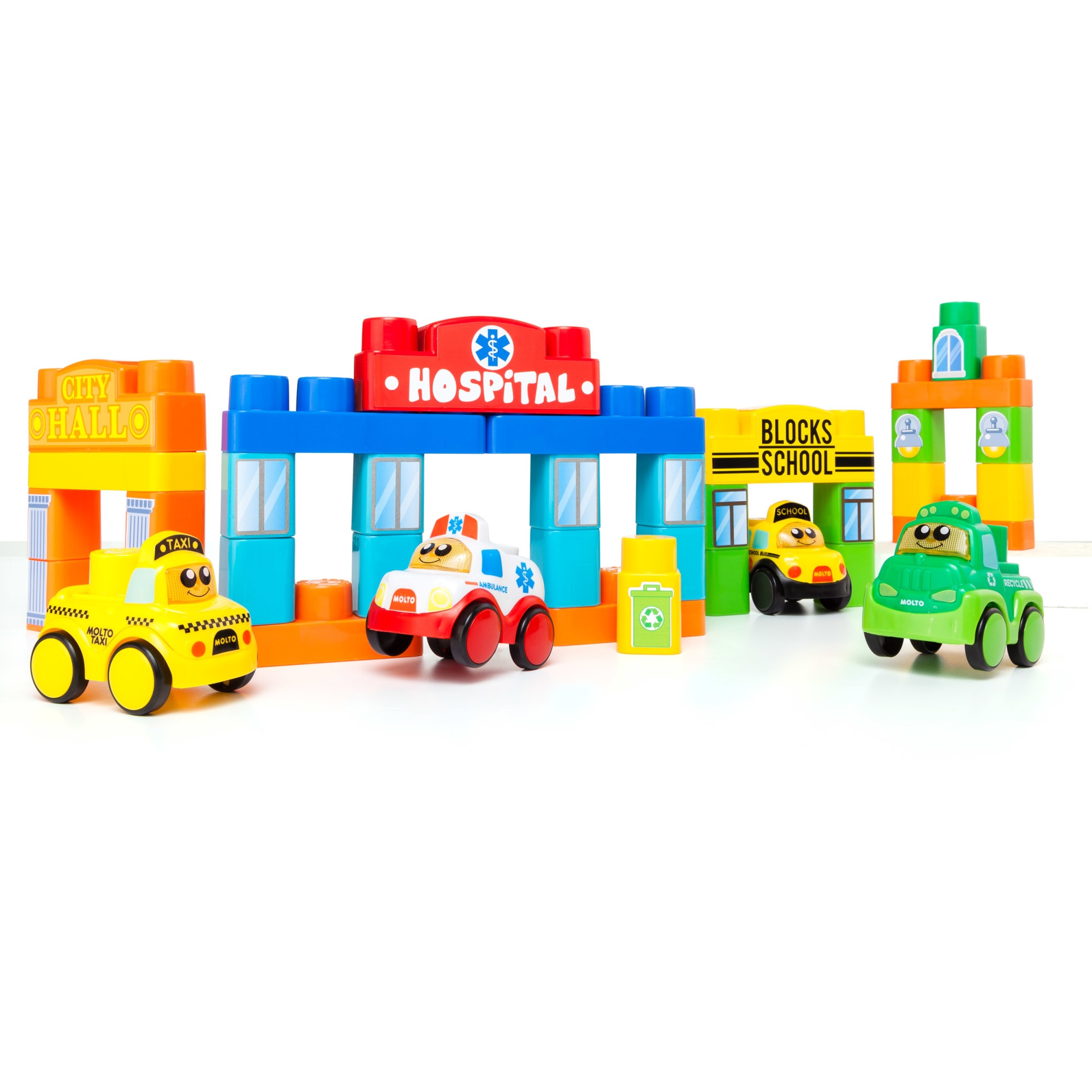 Set 37 piese de construit Molto si 4 masini cu sunete si lumini incluse