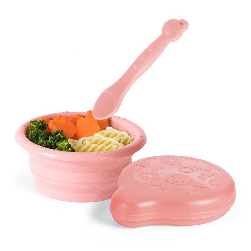 Castron diversificare, pliabil cu lingurita si cutie de protectie ,pentru copii, 0%BPA, silicon, Roz