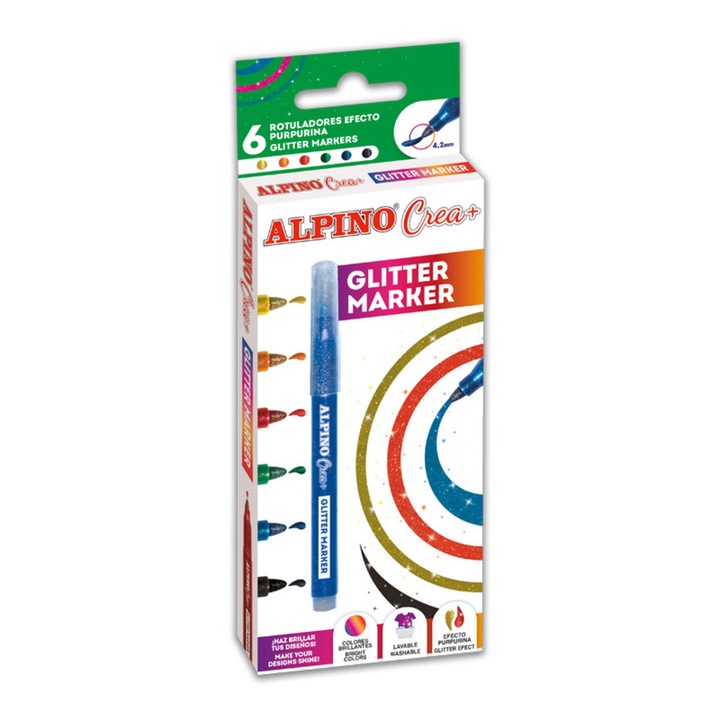Set ALPINO Crea+ Glitter marker, 6 culori/set